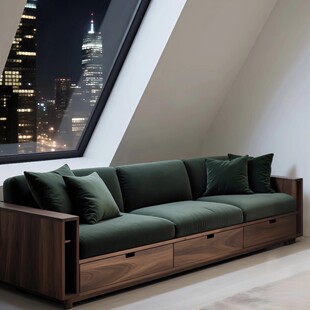 新中式黑胡桃木实木沙发三人位储物客厅别墅家具墨绿色布艺沙发