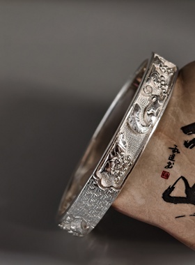 【足银9999】手工铲刻锦地浮雕三窗民族风银镯可来料加工