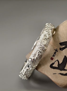 【足银9999】百年久诚原创手工铲刻浮雕鹤鹿同春足银手镯