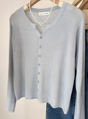 正肩奶蓝色短款针织外套女早秋长袖开衫薄款小香风内搭打底衫上衣