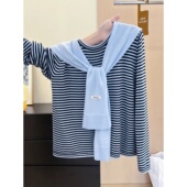 广州十三行韩货条纹披肩长袖 百搭上衣两件套 休闲时尚 针织衫 女秋季