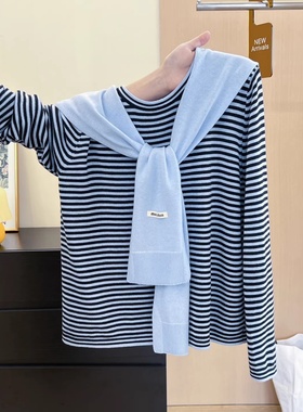 广州十三行韩货条纹披肩长袖针织衫女秋季休闲时尚百搭上衣两件套