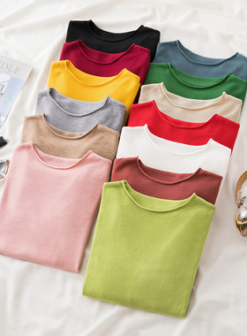 2023秋冬新款圆领套头毛衣女内搭长袖修身百搭洋气针织打底衫上衣