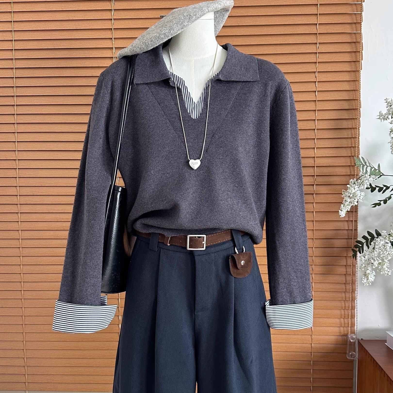 2025秋季新款假两件翻领针织衫