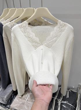 蕾丝V领加绒针织衫女秋冬修身显瘦保暖内搭打底衫温柔风长袖毛衣