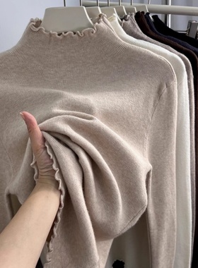 软绵弹力木耳边半高领针织打底衫女秋冬洋气内搭温柔纯色套头毛衣