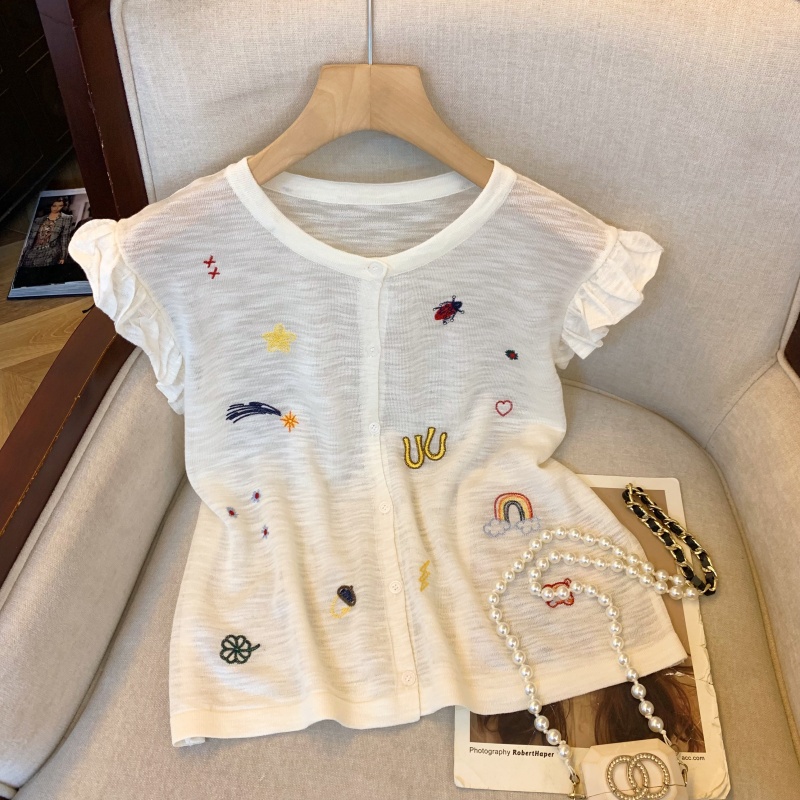 韩范针织背心女夏季外穿2025新款薄款宽松刺绣无袖t恤上衣女开衫