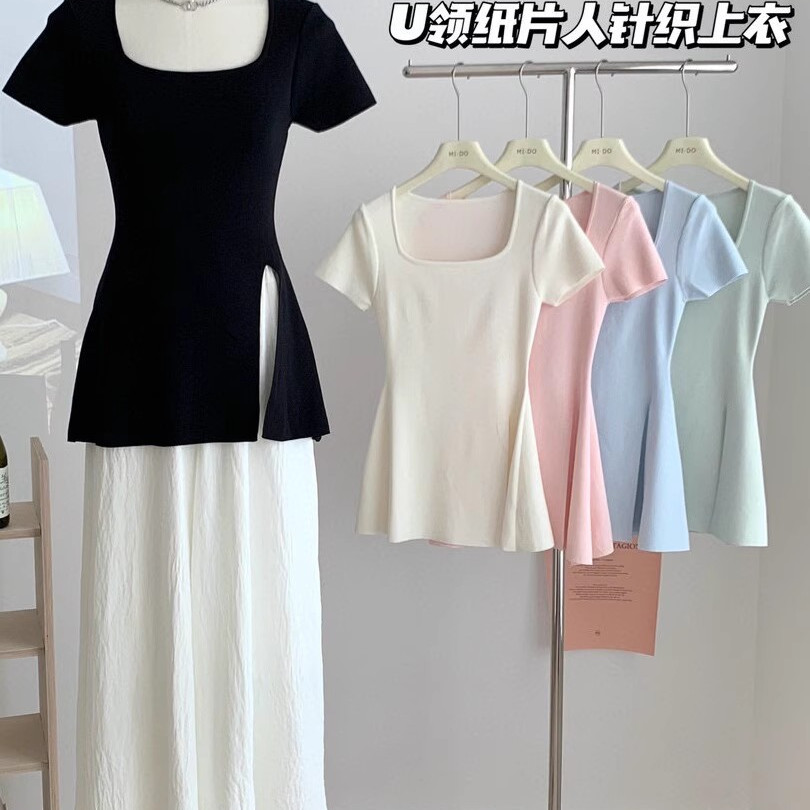 法式复古u领黑色针织衫欧货小衫