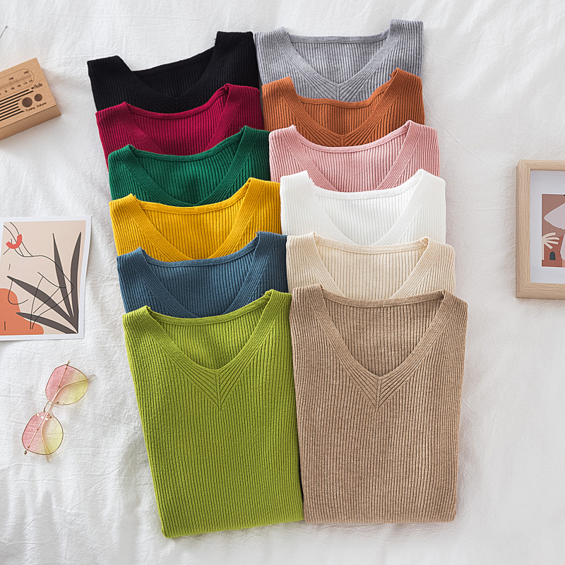 套头紧身纯色百搭衫长袖V领毛衣