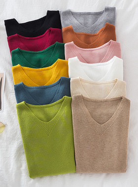 2021秋冬新款V领毛衣女套头紧身修身纯色百搭针织打底衫长袖上衣