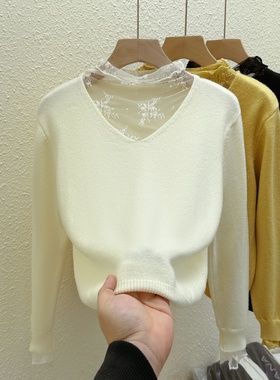 2025 秋冬新款蕾丝拼接针织衫女温柔风V领设计感百搭打底毛衣上衣