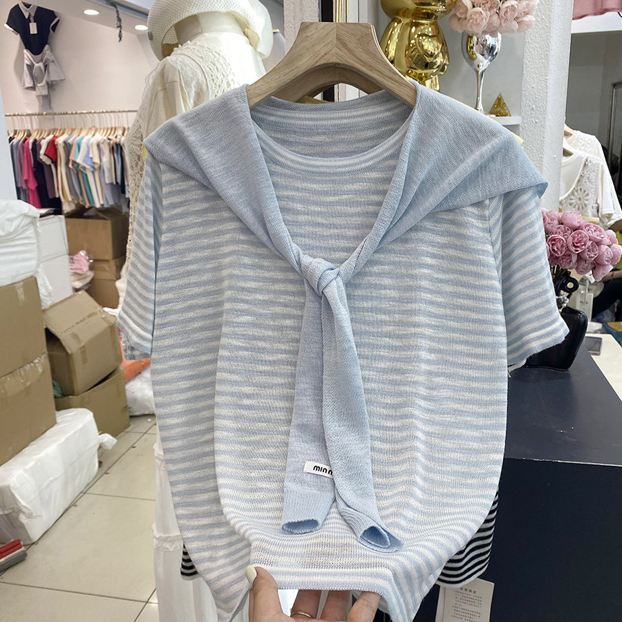 自留推荐-2025夏季新款韩版时尚百搭显瘦披肩条纹针织衫两件套女