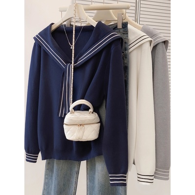 大码女装海军领长袖针织衫上衣