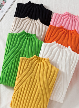 半高领针织打底衫女长袖上衣2023秋冬新款紧身显瘦坑条套头毛衣女