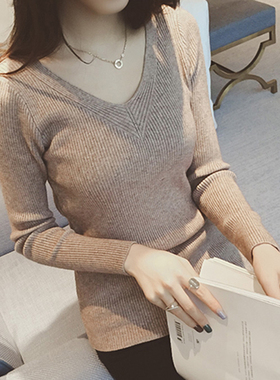 2021秋冬新款韩版女装v领套头针织衫打底衫长袖时尚修身毛衣上衣