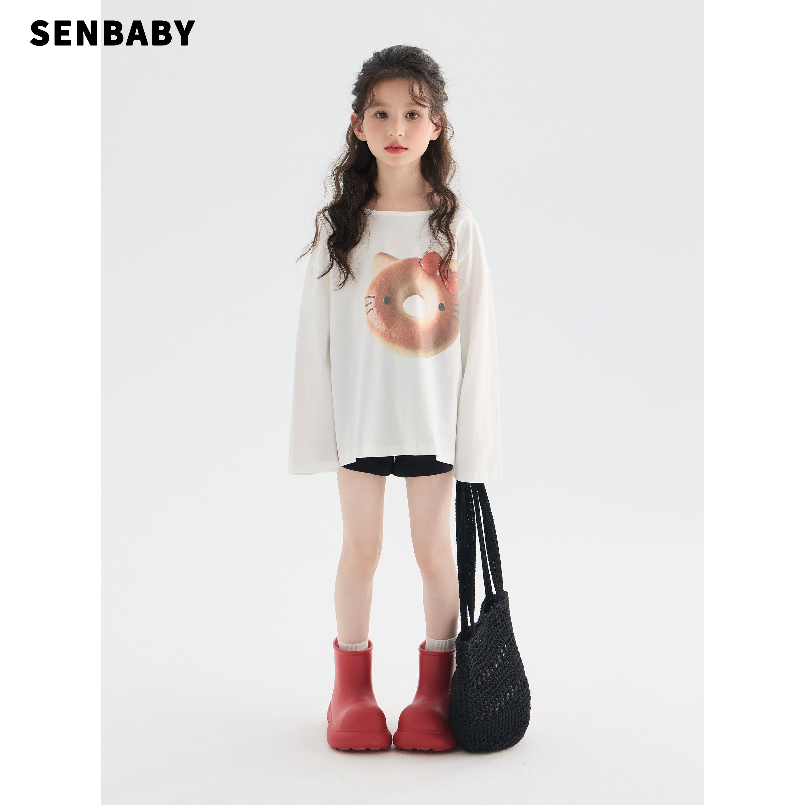 senbaby童装女童长袖套头宽松2026春夏新款面包甜甜圈猫咪长袖T恤