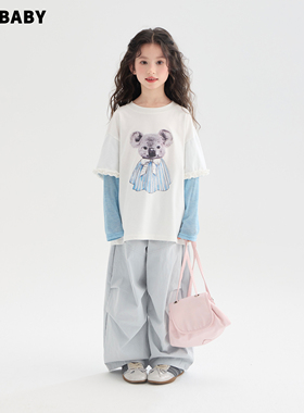 senbaby童装女童26春款卡通印花T恤儿童洋气假两件长袖上衣百搭