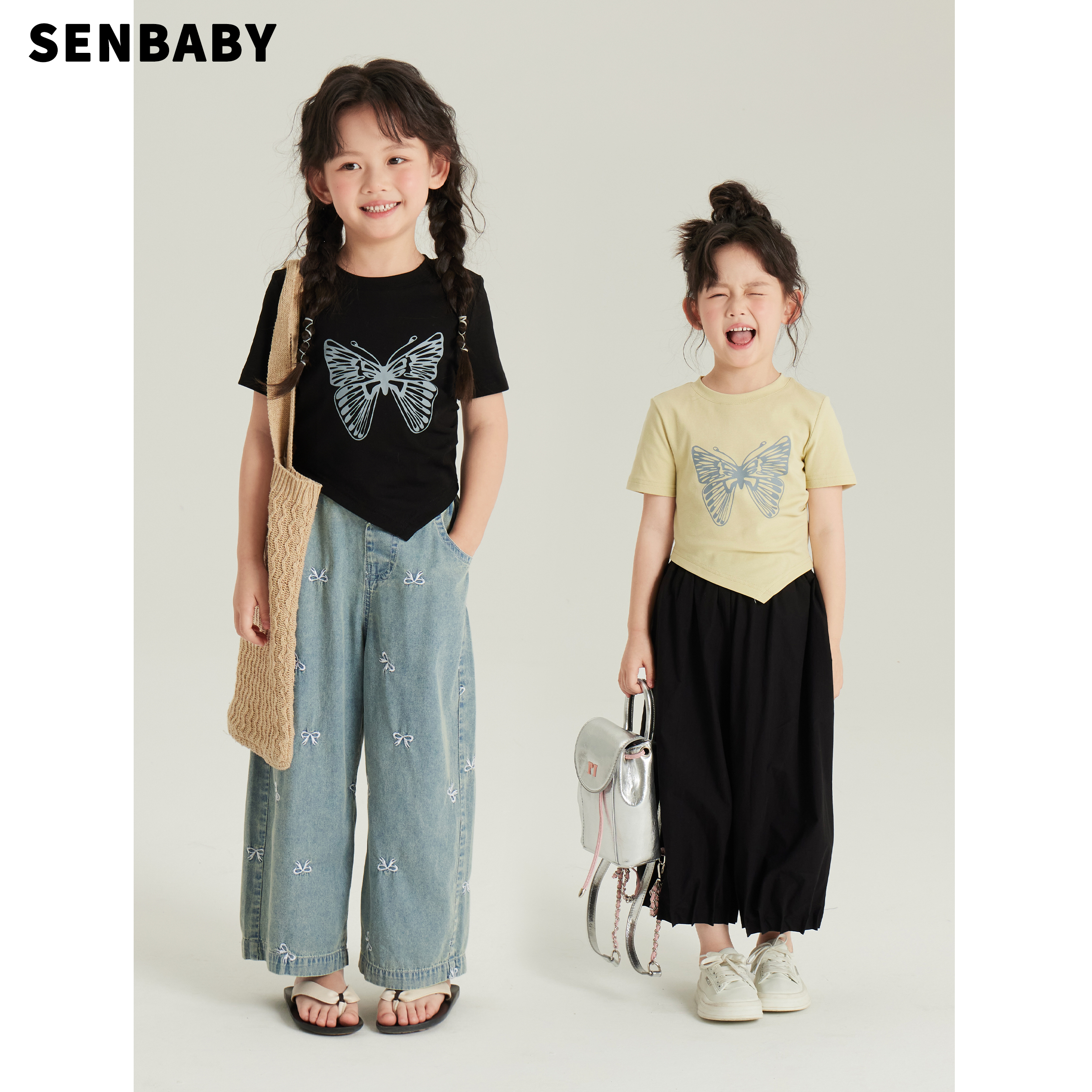 senbaby女童T恤夏装宝宝韩版童装短上衣中大童两色斜边蝴蝶短袖T