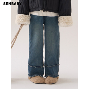 新款 2025冬季 儿童直筒长裤 窄版 senbaby童装 加绒牛仔裤 女童牛仔裤