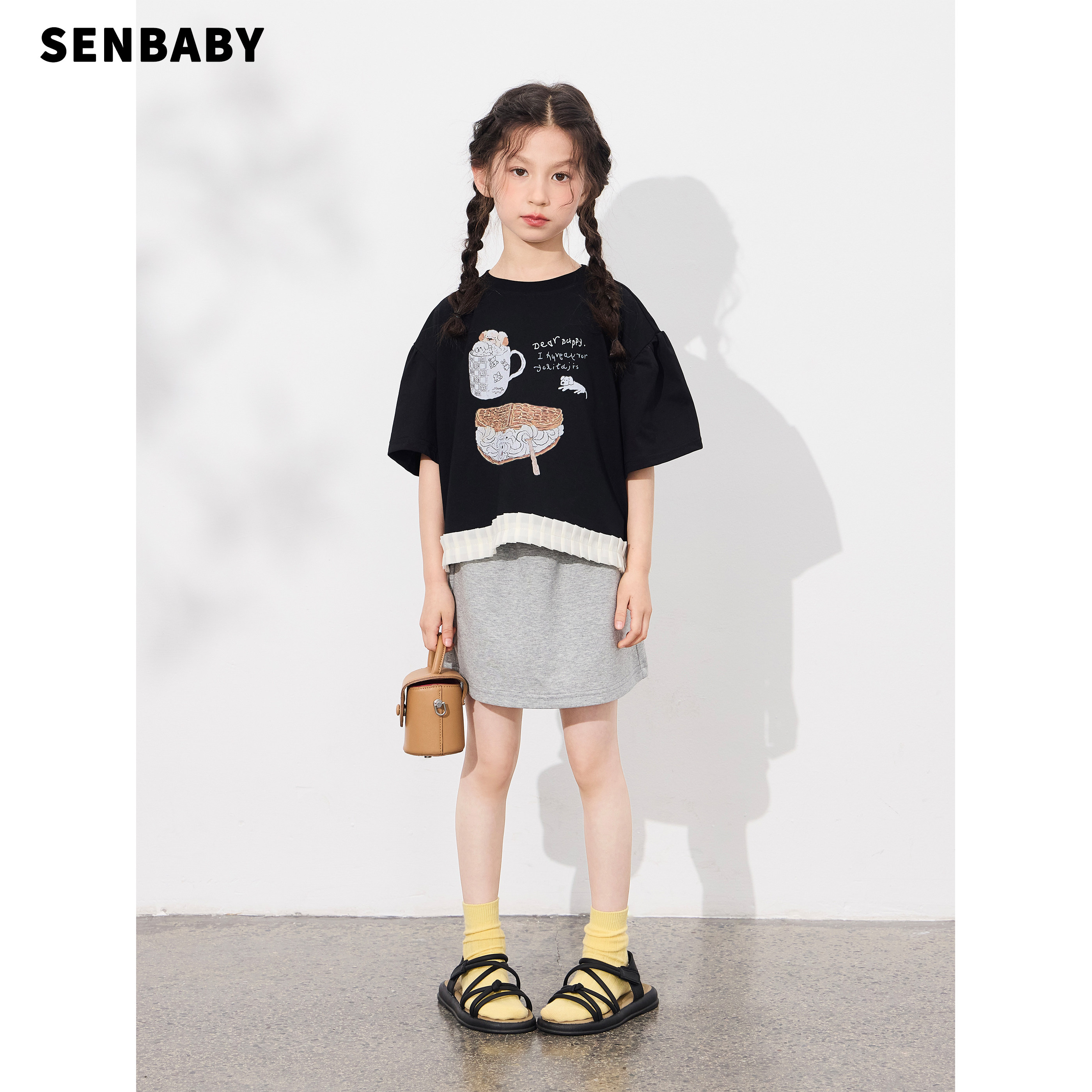 senbaby童装女童两件套夏季新款拼接印花上衣防走光灰色短裙套装
