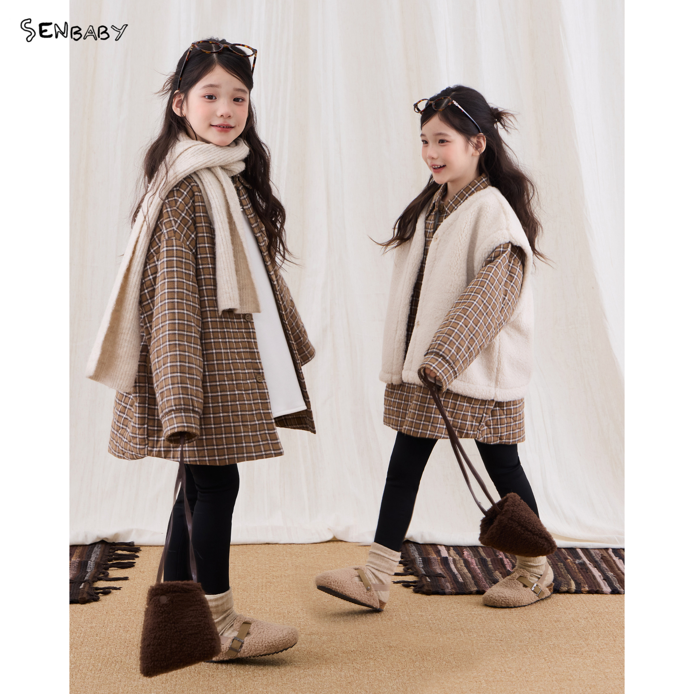 【现货】senbaby童装女童格子加棉衬衫2026秋冬保暖绗棉长款外套