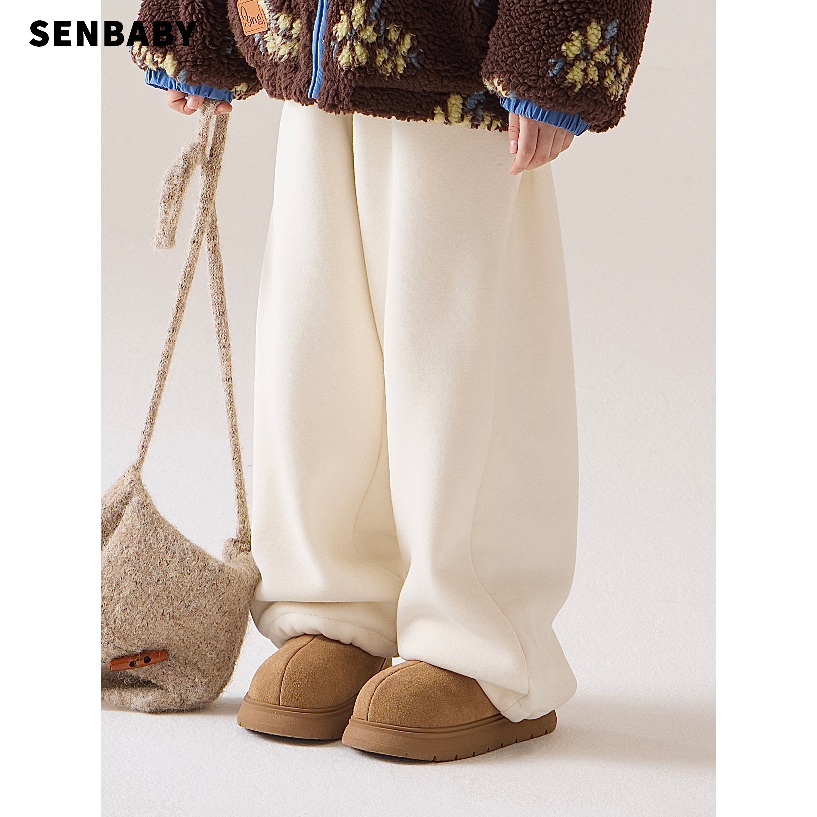 senbaby童装女童保暖裤子2025新款冬季儿童百搭加绒米色休闲裤
