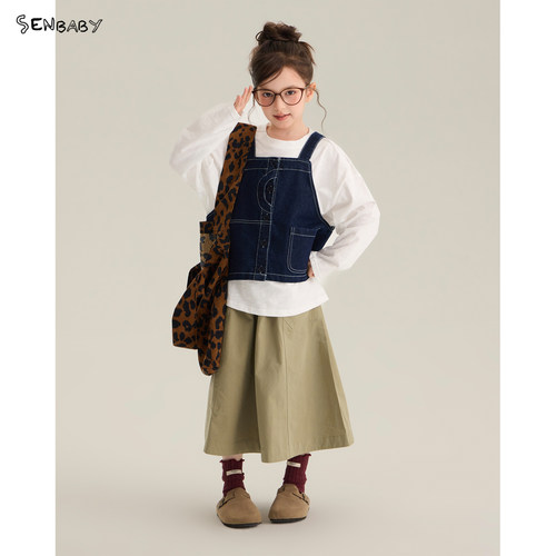 【现货】senbaby童装女童套装宽松白T牛仔马甲卡其绿半身裙三件套