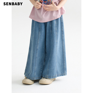 儿童阔腿裤 senbaby童装 新款 2025夏装 女童薄款 宽松牛仔裤