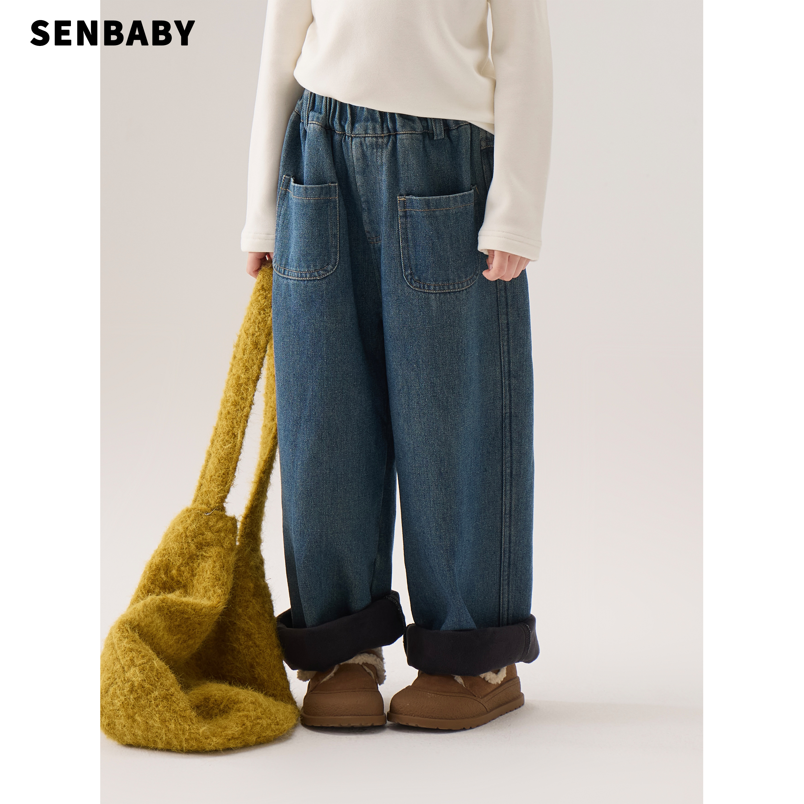 senbaby童装女童牛仔裤2025秋冬韩版儿童直筒口袋保暖加绒牛仔裤