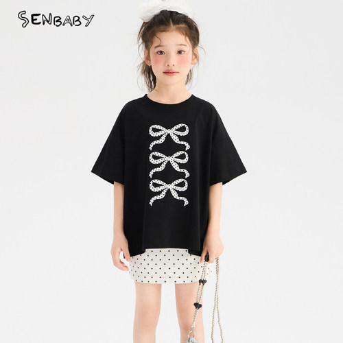 senbaby童装女童短袖裙裤套装韩版儿童蝴蝶结T恤波点裤裙两件套