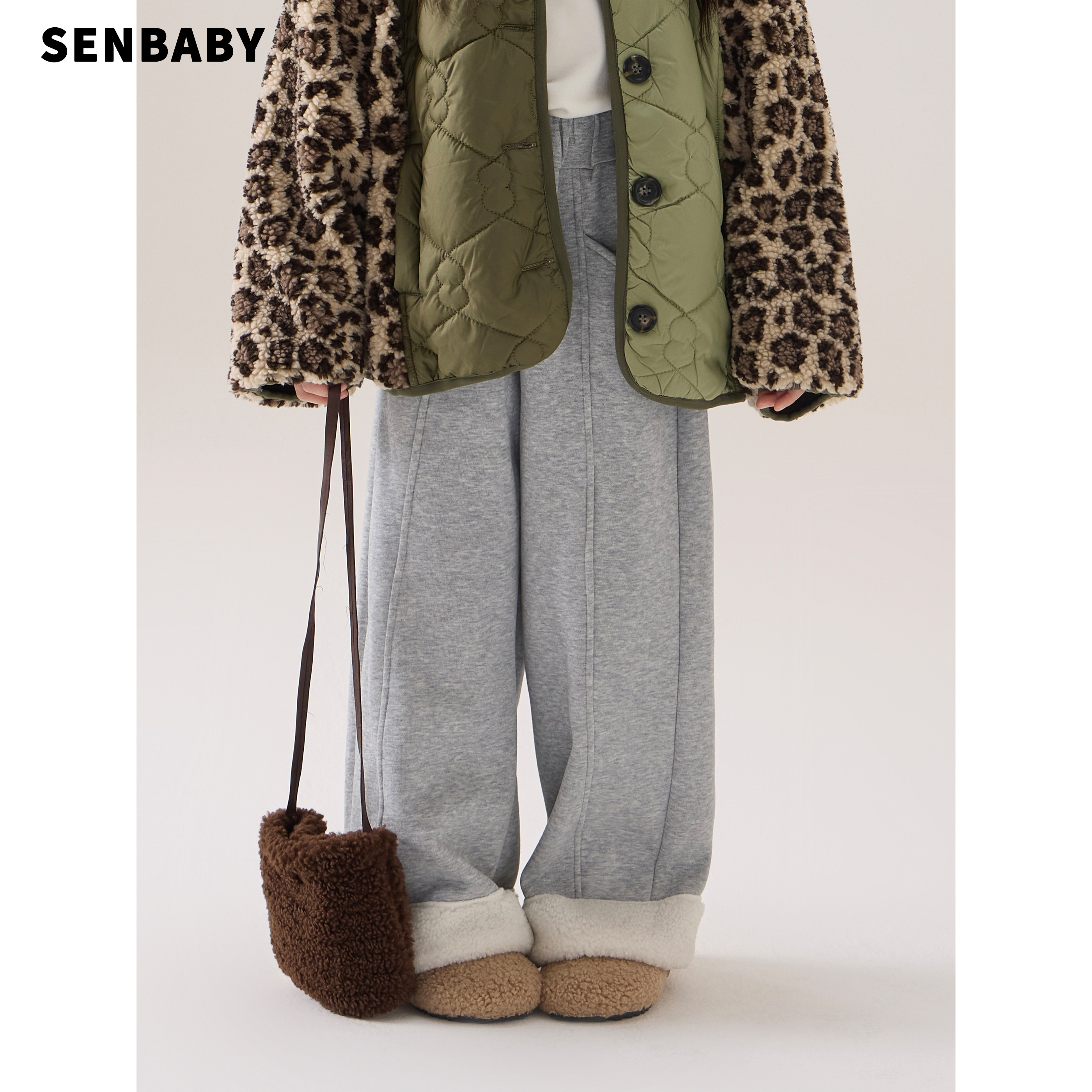 senbaby童装女童卫裤2025新款秋冬长裤儿童时尚百搭毛边加绒卫裤