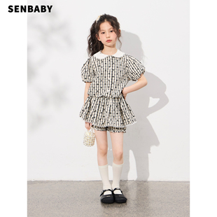 【现货】senbaby童装女童条纹套装2026夏季翻领娃娃衫+裙裤两件套
