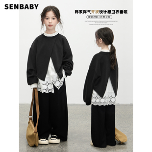 秋季 女童卫衣套装 senbaby童装 提花衬衣开衩卫衣黑色卫裤 现货