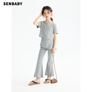 套装 senbaby童装 9分喇叭裤 修身 女童洋气两件套儿童夏季 灰色短袖