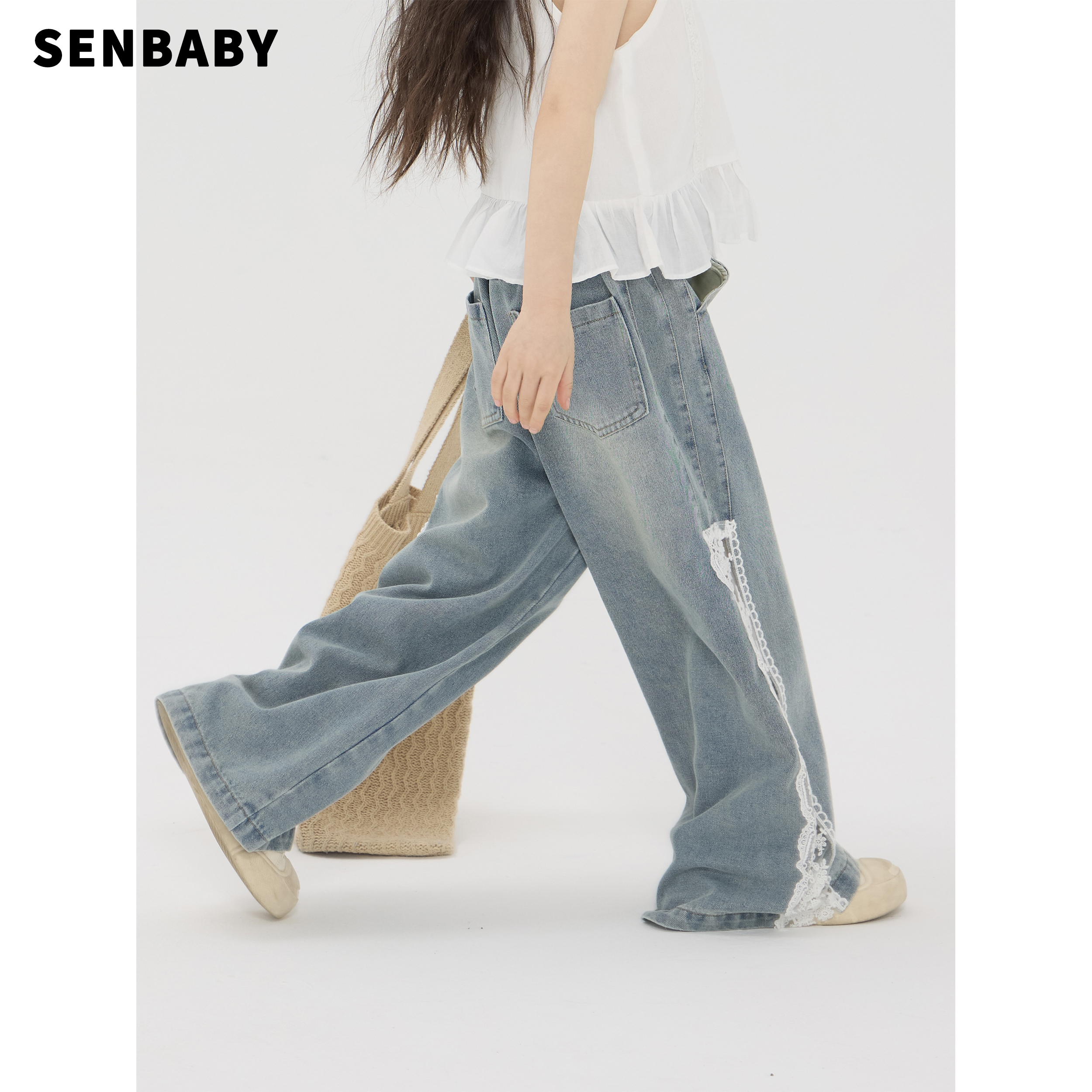 【现货】senbaby童装 女童牛仔裤夏季新款儿童长裤时尚设计牛仔裤