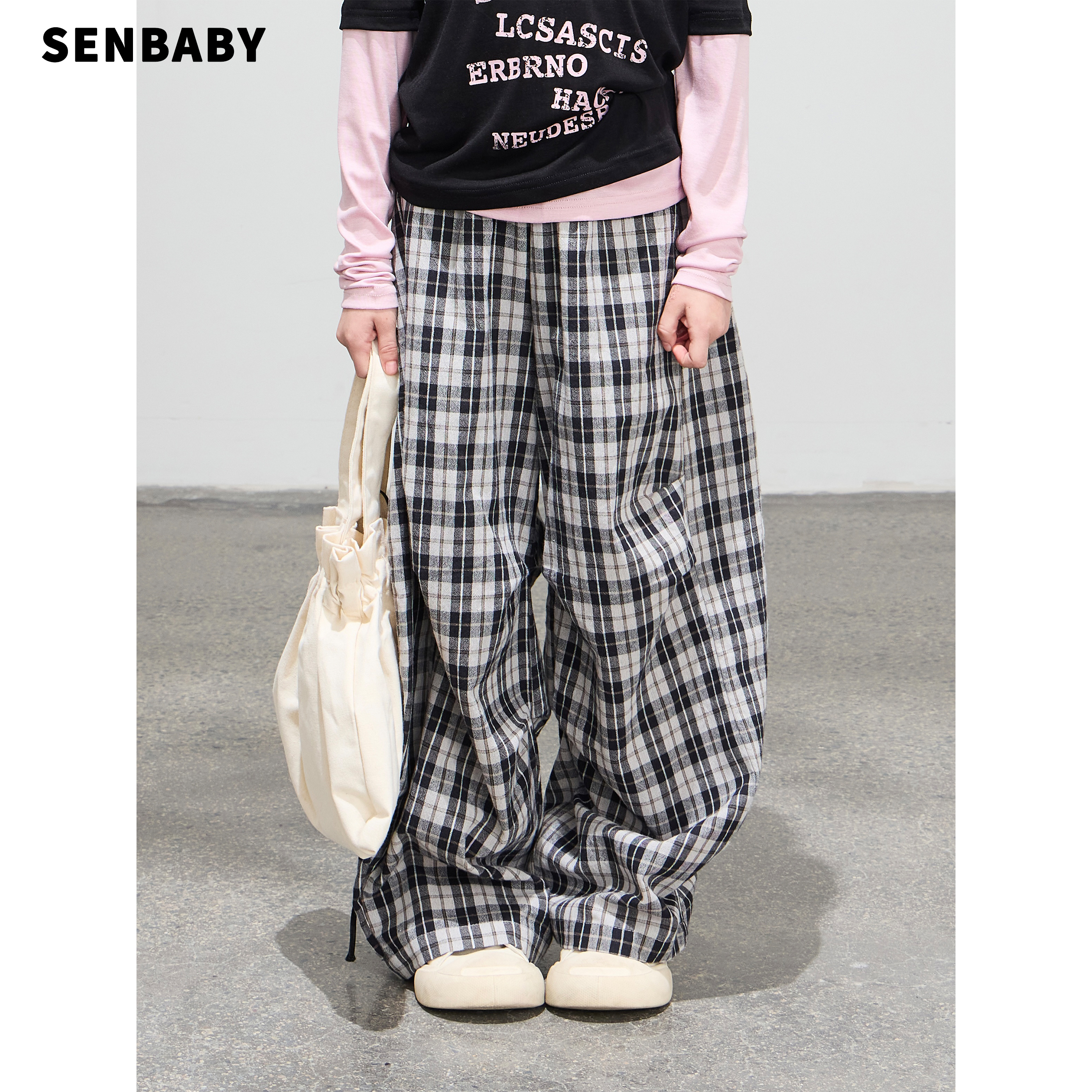 【现货】senbaby女童休闲长裤宽松阔腿裤2025新款儿童格子气球裤