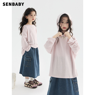 senbaby童装 26春新款 儿童粉色连帽衫 牛仔毛边半裙两件套 女童套装