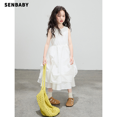 senbaby童装女童连衣裙夏季新款儿童无袖白色蛋糕连衣裙