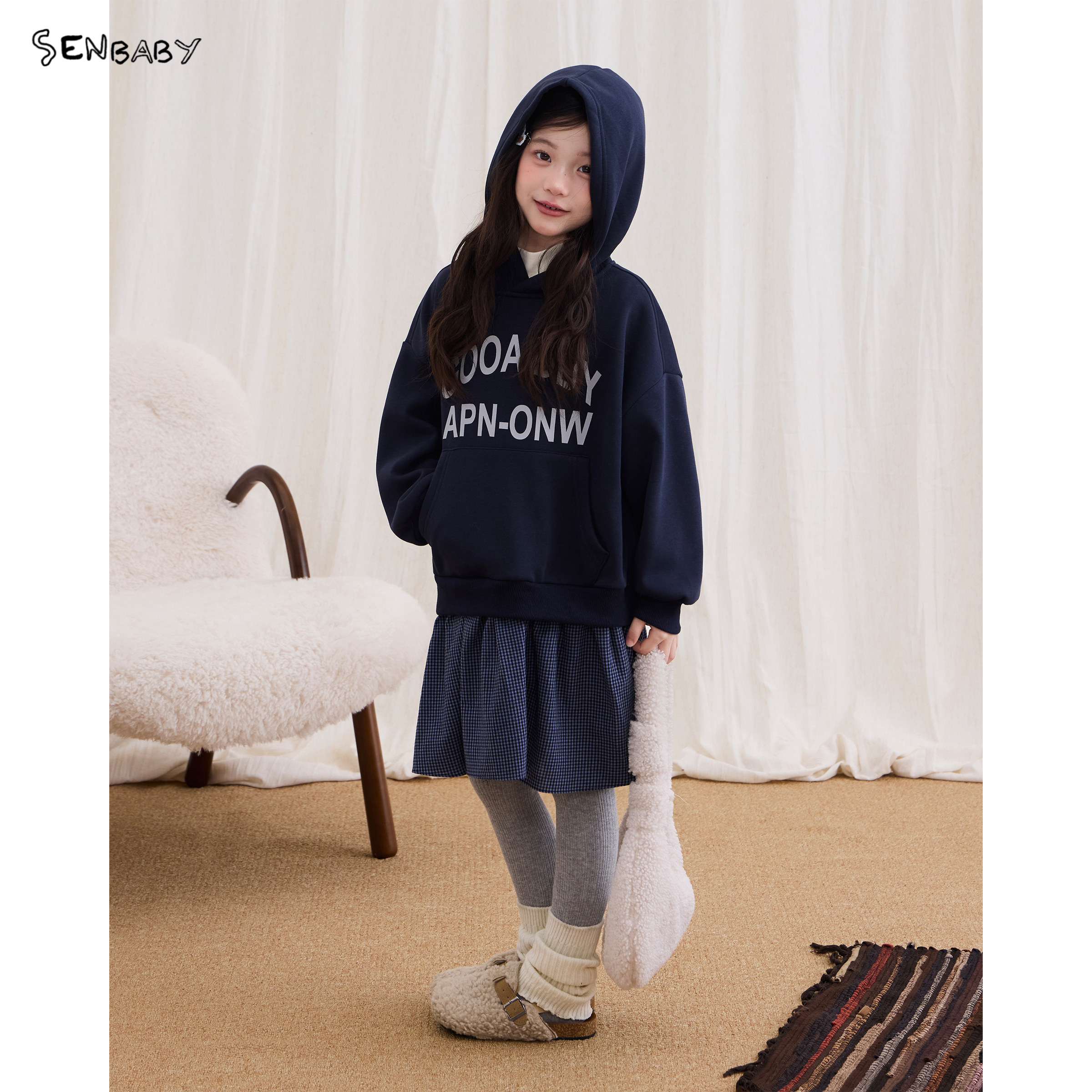 【现货】senbaby童装女童连帽卫衣裙2026秋冬儿童加绒拼接卫衣裙