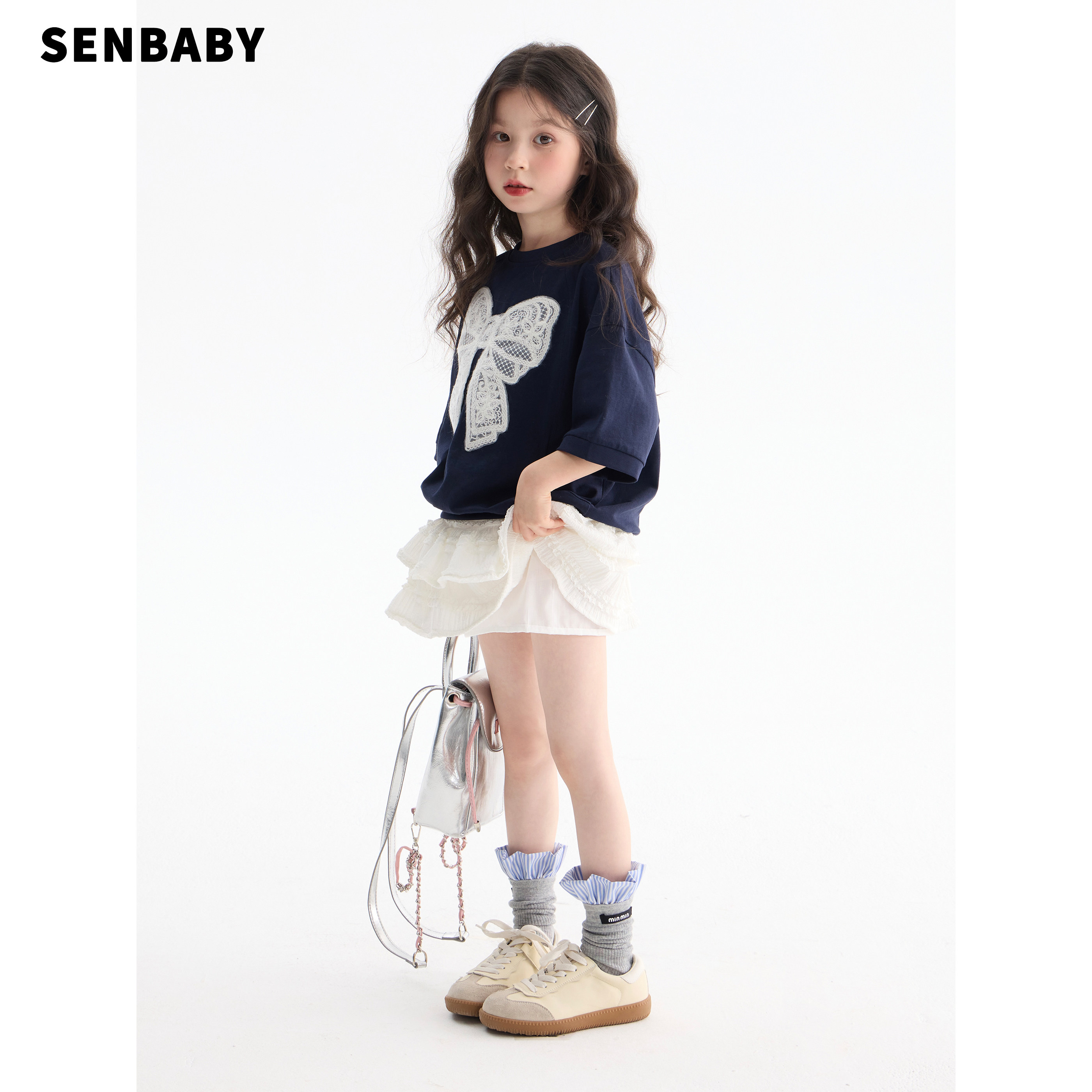 【现货】senbaby童装女童短袖卫衣2026春夏儿童蕾丝蝴蝶结T恤上衣