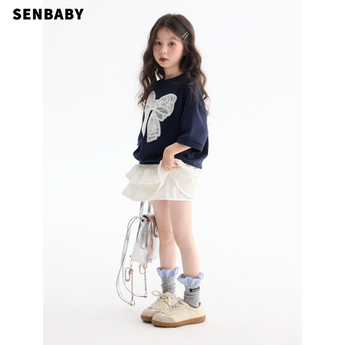【现货】senbaby童装女童短袖卫衣2025春夏儿童蕾丝蝴蝶结T恤上衣