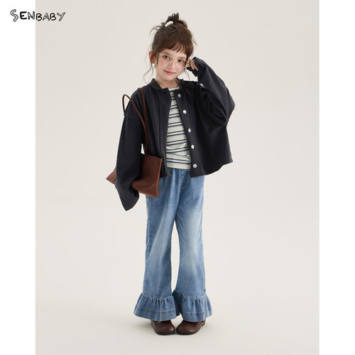 【现货】senbaby童装女童长袖开衫秋新款儿童上衣简约百搭小外套