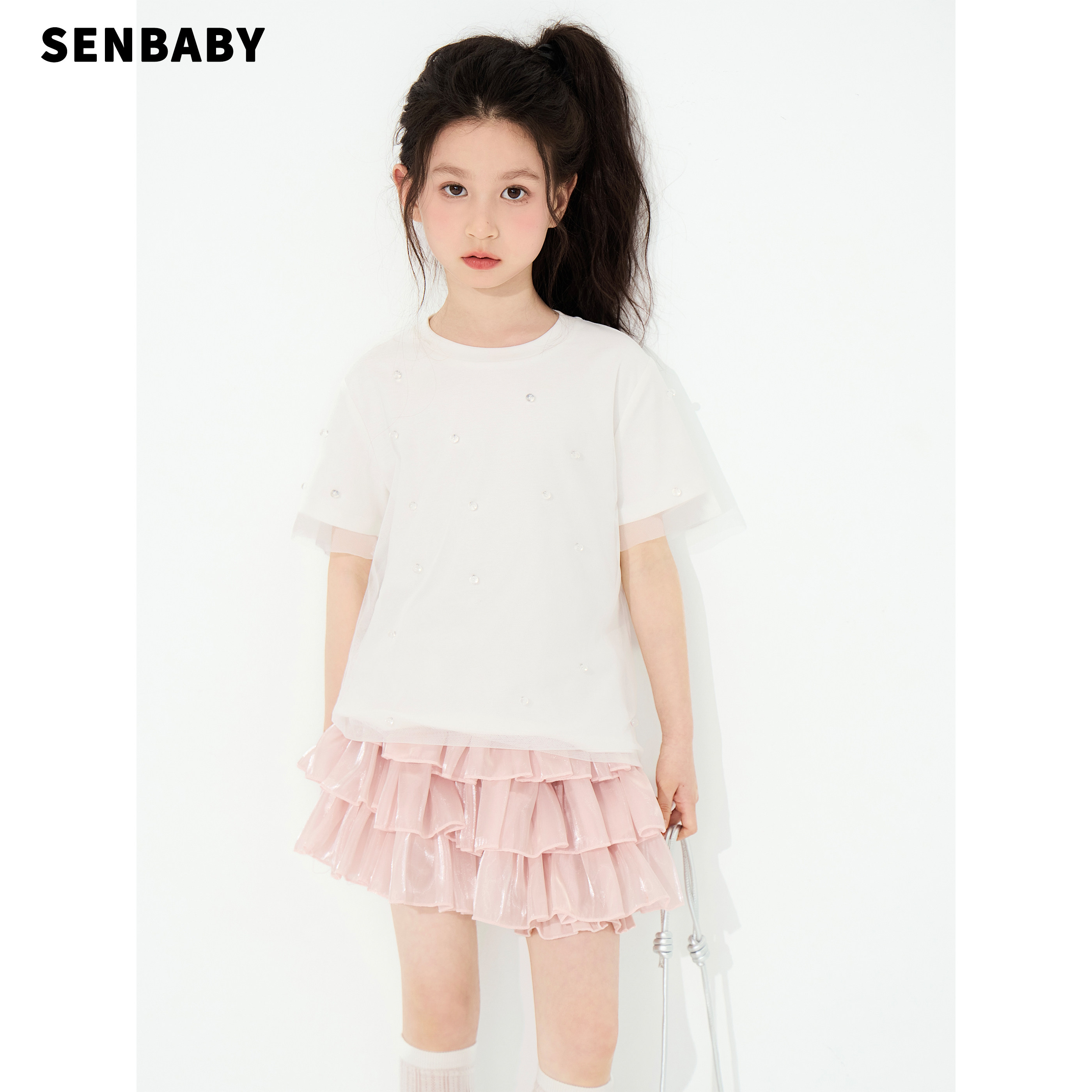 senbaby童装女童短袖套装夏季儿童立体珠子设计网纱T恤粉色裤裙