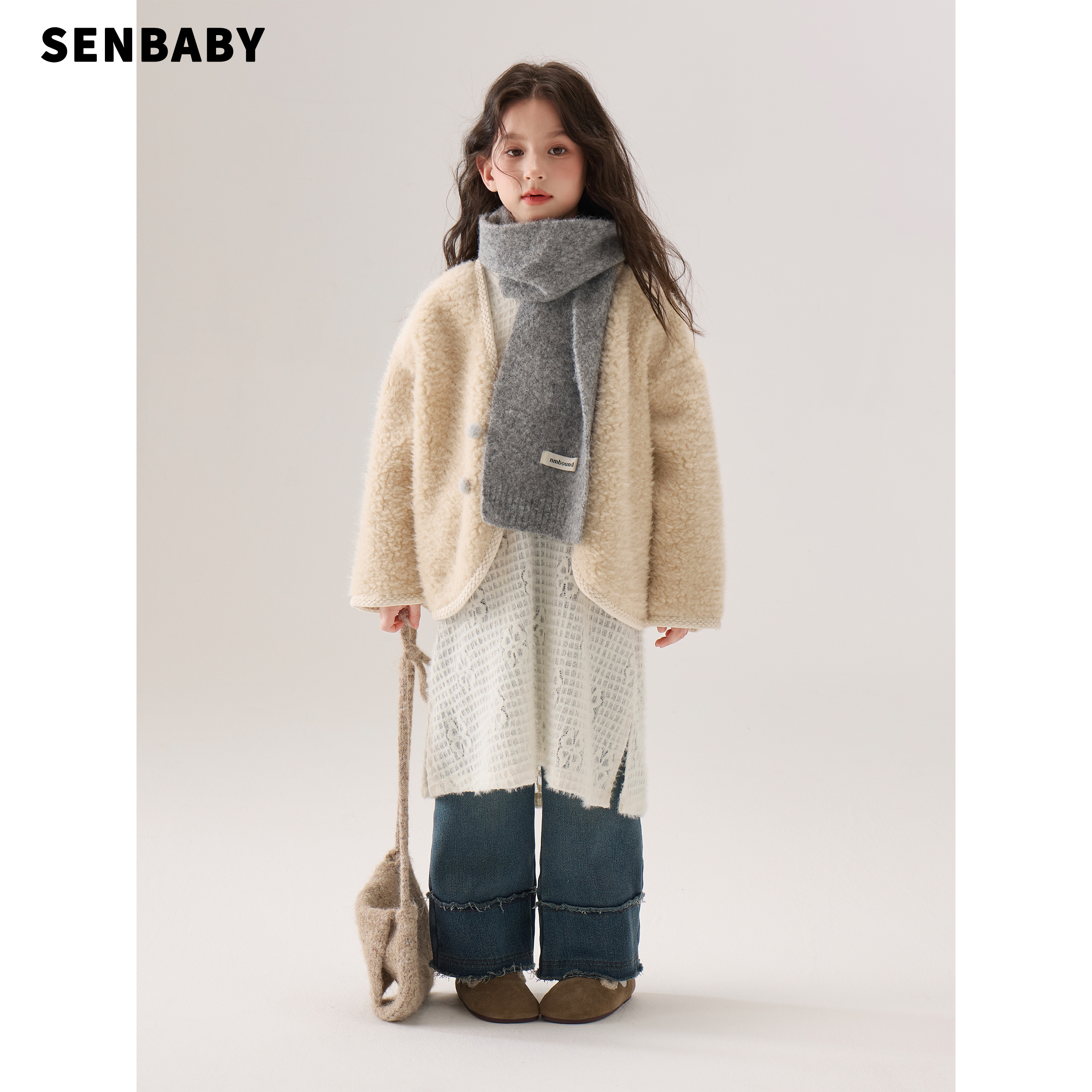 【现货】senbaby童装女童冬季毛绒外套韩系儿童背心裙米色打底衫