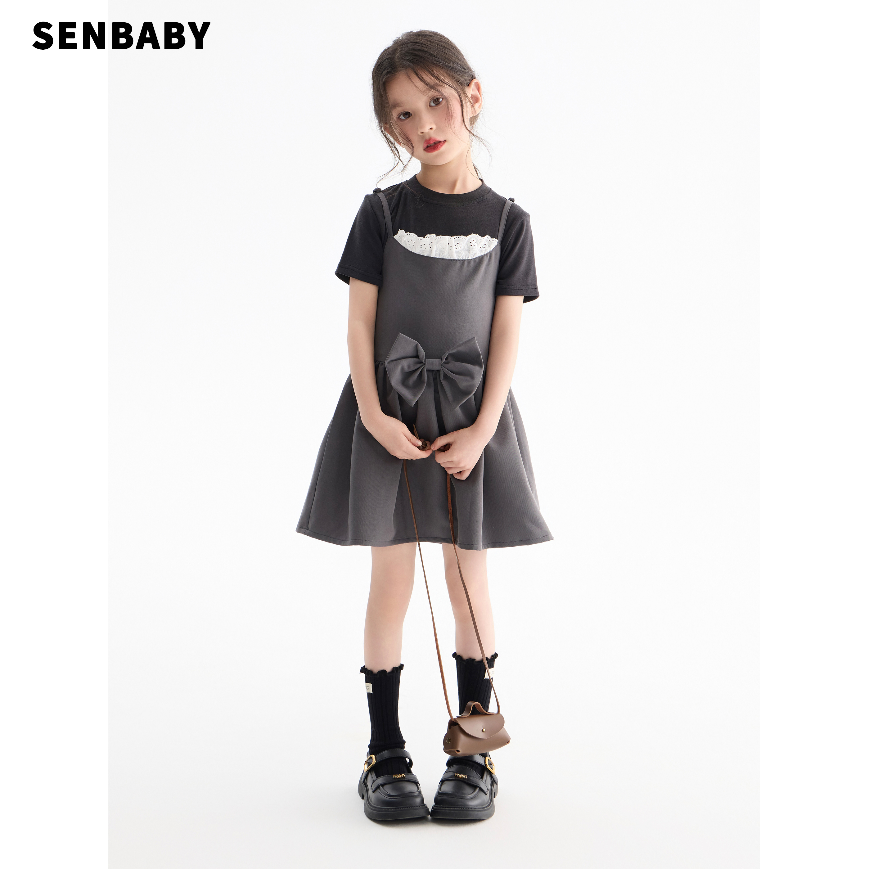 senbaby童装女童春夏西装吊带连衣裙蝴蝶结蕾丝背带裙+短袖T恤