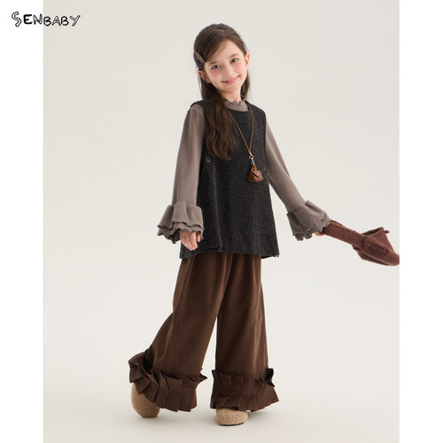 【现货】senbaby童装女童2026秋季儿童无袖马甲上衣荷叶边打底衫