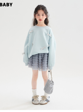 senbaby童装女童早春套装蓝色立体蝴蝶结卫衣灰色层层纱裙两件套