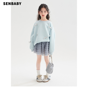 senbaby童装女童早春套装蓝色立体蝴蝶结卫衣灰色层层纱裙两件套