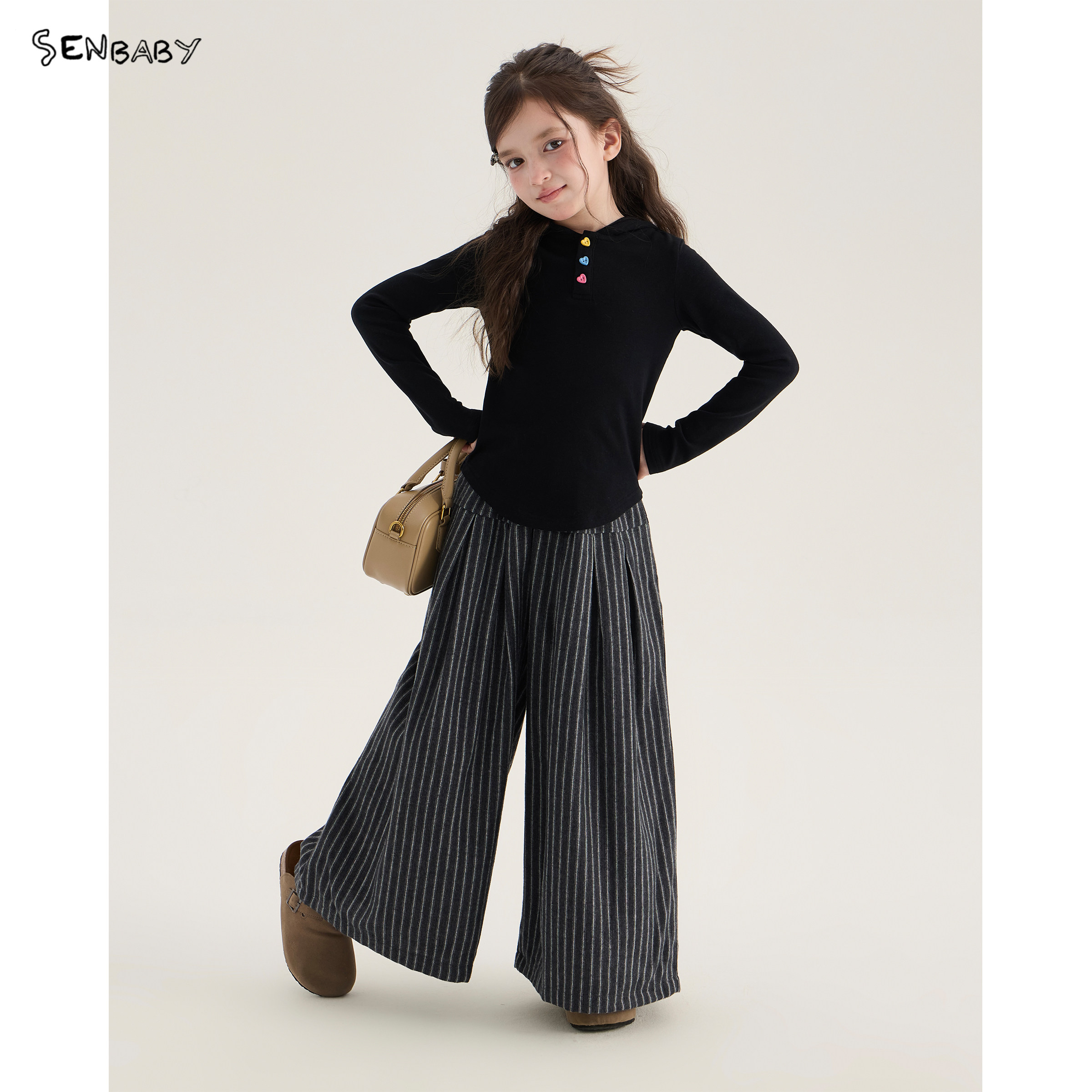 【现货】senbaby童装女童长袖连帽上衣26秋季新款儿童黑色打底衫图片