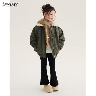 senbaby童装女童冬季加厚棉衣2026儿童棉袄军绿色拉链翻毛领棉服
